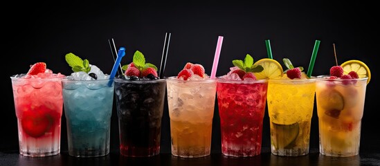 Closeup of fresh iced fruit drinks on black background Copy space image Place for adding text or design