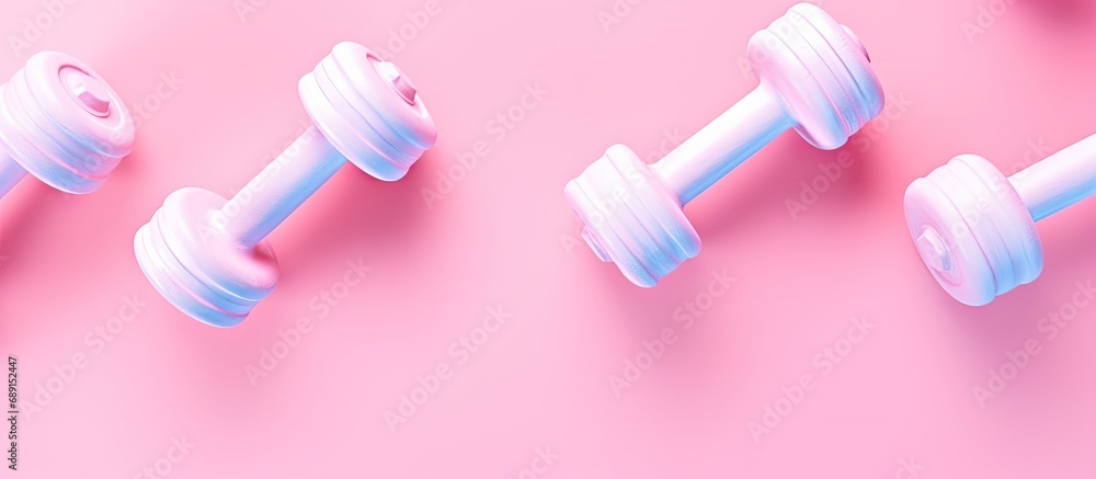 Poster home exercise equipment in blue dumbbells on a pink background pattern flat lay gym for healthy life