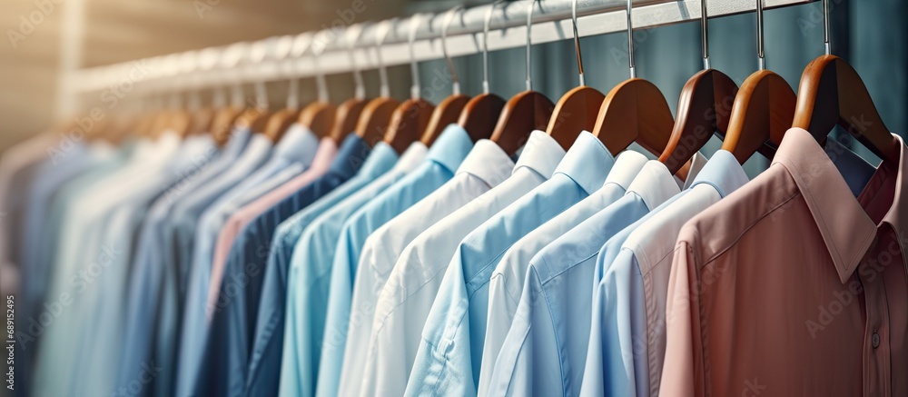 Poster Close up of laundry rack with clean shirts Copy space image Place for adding text or design