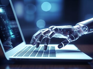 Robot hand operating laptop. Artificial intelligence concept. - obrazy, fototapety, plakaty