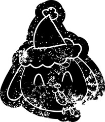 quirky cartoon distressed icon of a dog face wearing santa hat