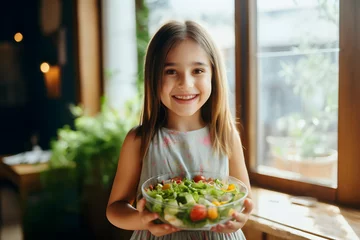 Fotobehang The girl stood and smiled. Hand holding a bowl of vegetable salad in the kitchen. Children who like to eat vegetables. Fruits and vegetables contain vitamins for good healthy. © chawalit