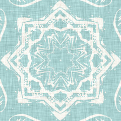 Teal aqua white vibrant watercolor batik azulejos tile background. Seamless coastal blur linen effect geometric mosaic effect.Boho Patchwork nautical masculine all over summer fashion repeat.