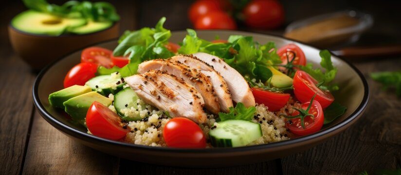Nutrient rich salad featuring quinoa tomatoes chicken avocado lime greens and parsley on wooden background Nutritious superfood dish Copy space image Place for adding text or design