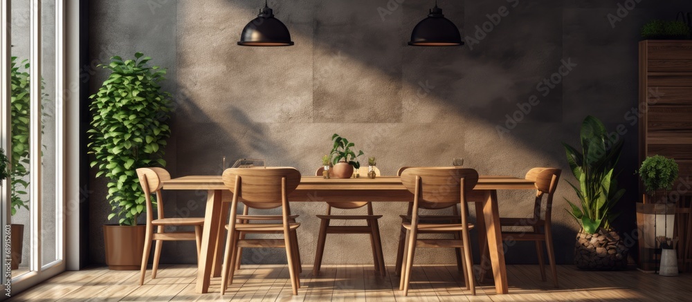 Aufkleber modern home decor featuring a stylish botany theme in the dining room with a crafted wooden table ch