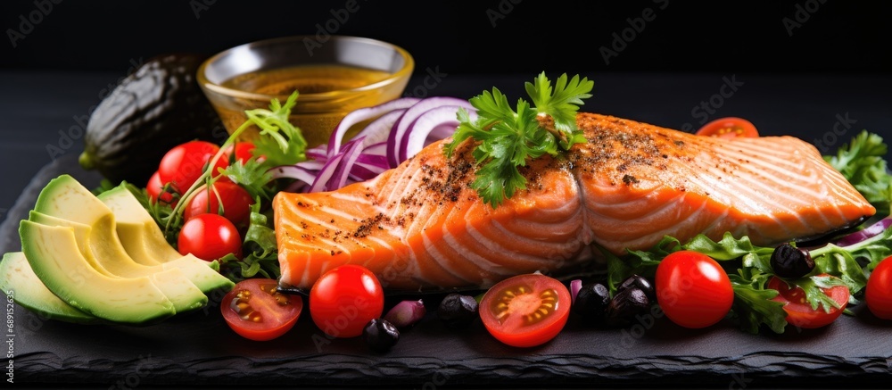 Poster Grilled salmon and vegetable salad with tomato onion olives and avocado Copy space image Place for adding text or design