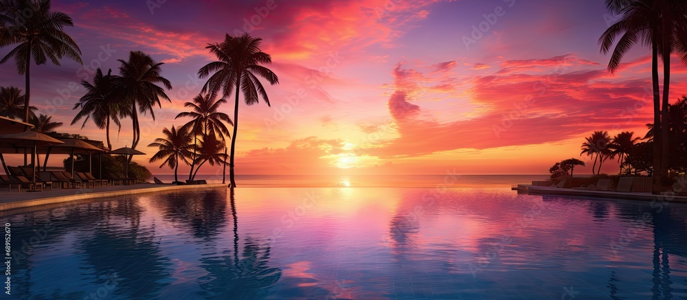 Poster Luxurious beachfront resort with palm trees infinity pool and serene sunset views on a tropical island Copy space image Place for adding text or design