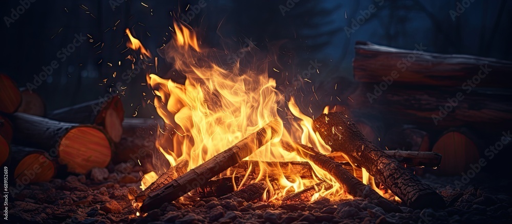 Poster nighttime campfire at a scenic mountain campsite with flames sparks and barbecuing outdoors represen