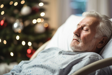 Generative AI image of ill patient lying in bed christmas and new year in hospital