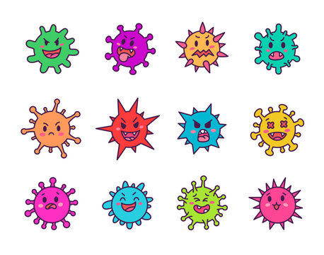 Viruses kawaii. Cute cartoon characters of bacterial infection and microbe. Hand drawn style. Vector drawing. Collection of design elements.