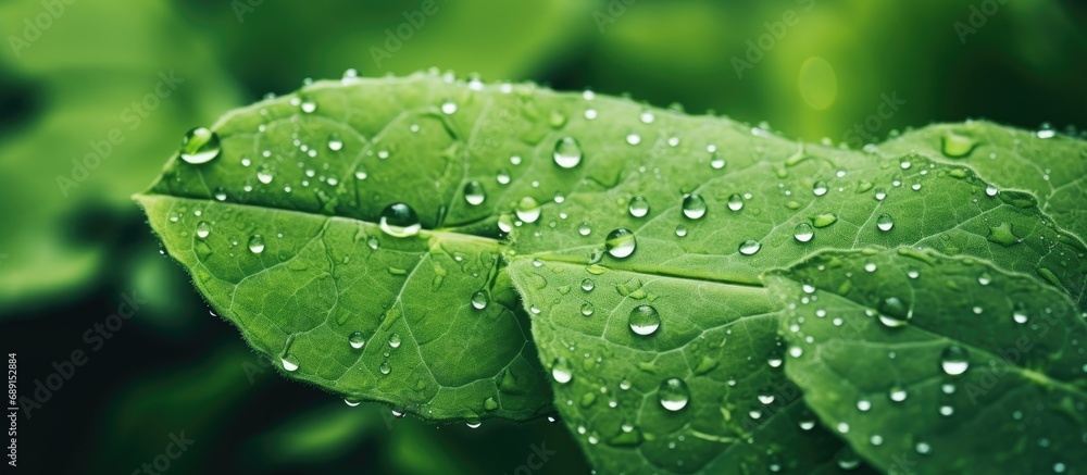 Poster green leaf with water droplets symbolizes environmental care and sustainable resources creating a na