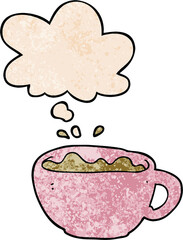 cartoon coffee cup with thought bubble in grunge texture style
