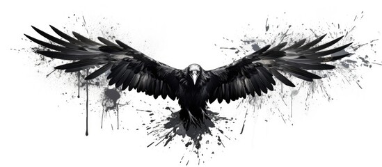 Black raven silhouette with paint splatters isolated on white background Copy space image Place for adding text or design - obrazy, fototapety, plakaty