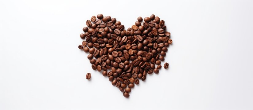 Love coffee logo concept with roasted coffee beans forming a heart shape on a white background Copy space image Place for adding text or design
