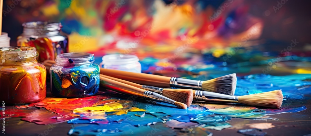 Aufkleber Mixing colors with art brushes during the creative process of painting pictures using different paints and brushes for creativity Copy space image Place for adding text or design
