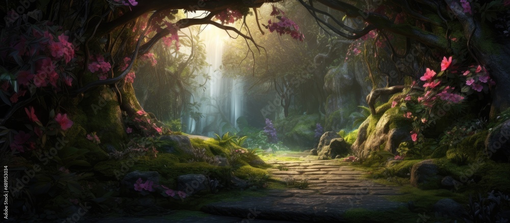 Poster Enchanting fairy forest opening rendered in 3D with flowers Copy space image Place for adding text or design
