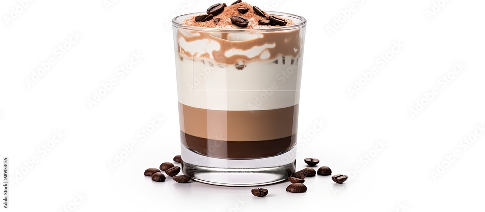 Poster isolated mocha coffee in glass on white with path copy space image place for adding text or design
