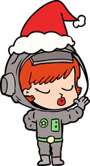 hand drawn line drawing of a pretty astronaut girl wearing santa hat