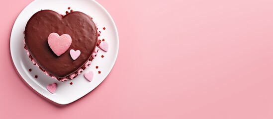 Heart shaped chocolate cake with cream on pink background viewed from the top on Valentine s Day Copy space image Place for adding text or design - obrazy, fototapety, plakaty