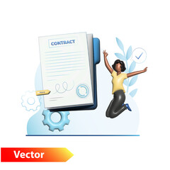 Dark skinned, tiny, happy woman jumping for joy, success, signing a successful contract, agreement, document, file in business. 3D vector girl shows a positive hand gesture, class, ok, super.