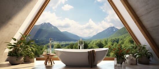 Luxurious attic bathroom with large window wall balcony and stunning bathtub Copy space image Place for adding text or design