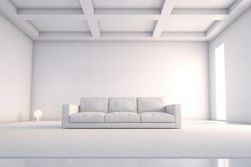 A simple white living room with a sofa in the middle of the room.