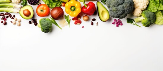 Healthy food options including vegetarian and vegan choices such as vegetables fruits seeds legumes and leafy greens on a light background Copy space image Place for adding text or design - obrazy, fototapety, plakaty