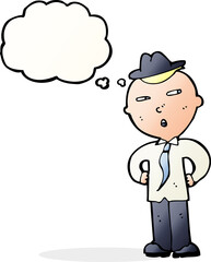 cartoon man wearing hat with thought bubble