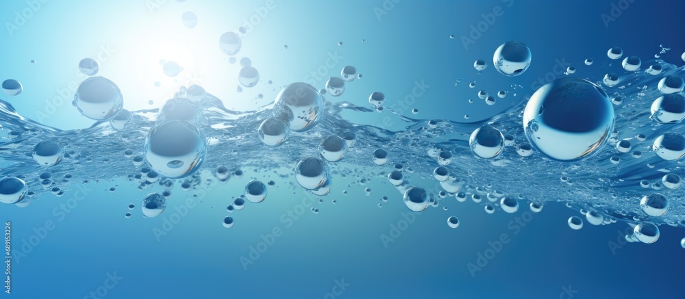 Aufkleber Cosmetic backdrop with 3D rendered bubbles encompass water molecules Copy space image Place for adding text or design