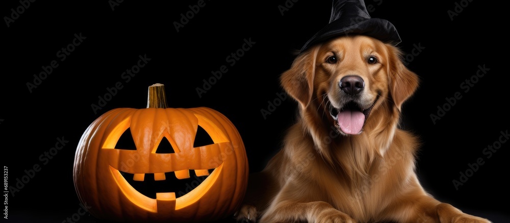 Aufkleber Golden retriever in pumpkin costume with bats and smile on a white background for Halloween Copy space image Place for adding text or design