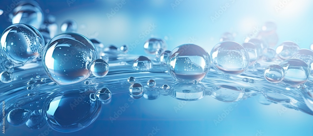 Poster Cosmetic backdrop with 3D rendered bubbles encompass water molecules Copy space image Place for adding text or design
