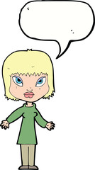 cartoon woman with open arms with speech bubble