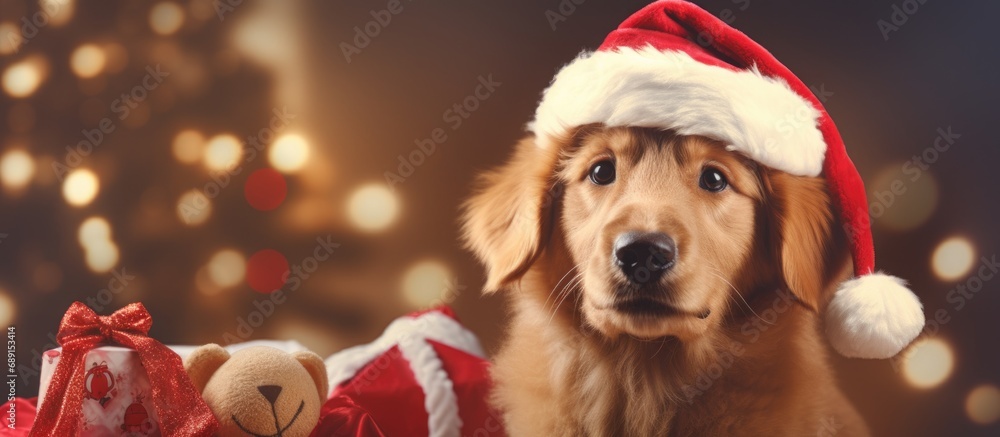 Poster golden retriever with teddy bear and santa hat in festive home with gifts creating a magical christm