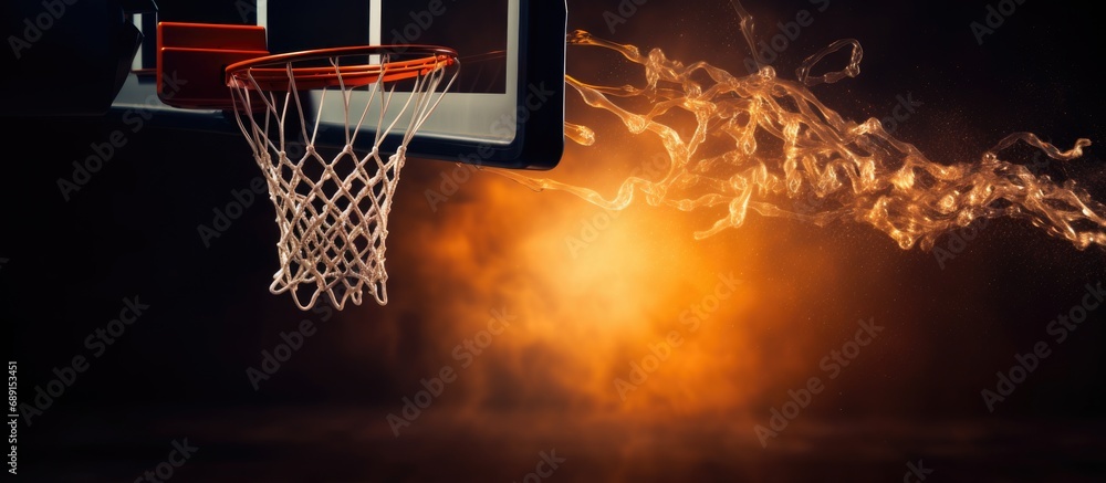 Poster basketball going through the black basket close up copy space image place for adding text or design