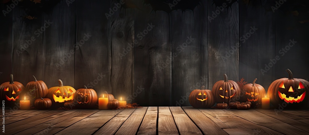 Poster Halloween themed empty table with wood Copy space image Place for adding text or design