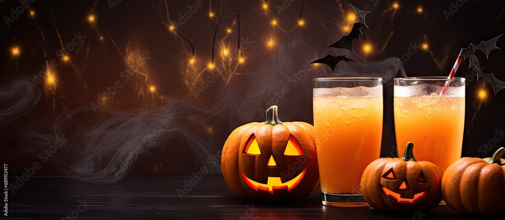 Aufkleber Halloween party decorations with pumpkin and carrot drinks jack o lantern faces juice glowing garlands and cobwebs on a dark gray background Copy space image Place for adding text or design