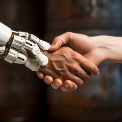 Human and robot handshake, hand is brown, robot have a white cover plate, extreme closeup created with Generative Ai