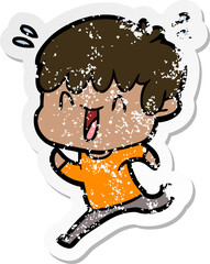 distressed sticker of a cartoon laughing boy