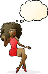cartoon sitting woman waving with thought bubble
