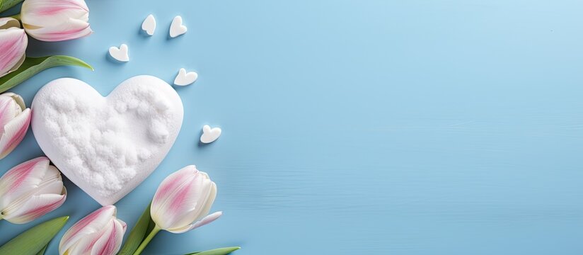 Eco friendly beauty products spa accessories tulip flowers on blue background Zero waste self care heart shaped gift box for Moms day birthday Copy space image Place for adding text or design