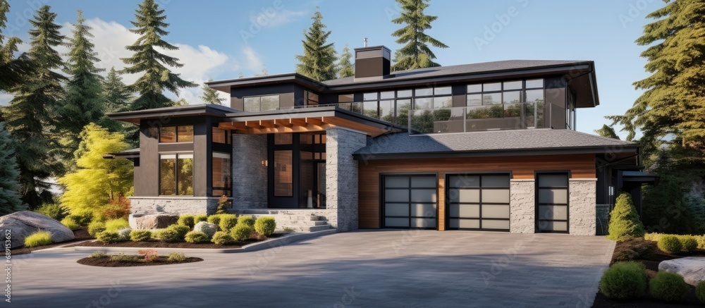 Poster luxurious contemporary home with stone accents three car garage and natural surroundings copy space 