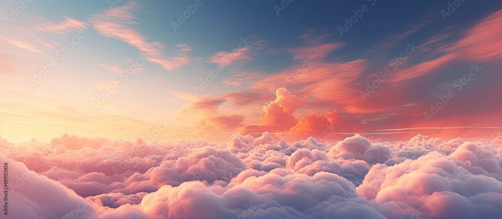 Poster Gorgeous sunset with pink clouds on a colorful cloudy sky Copy space image Place for adding text or design