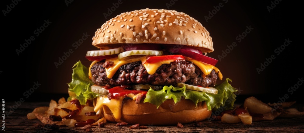 Poster Mouthwatering handmade American beef burger Copy space image Place for adding text or design