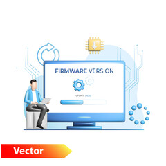 3d, vector man in a laptop, computer updates the operating system, downloads, installs a new version of the program, application on the Internet. Tiny guy waiting to connect with gears. Settings.