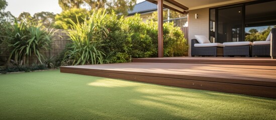 Modern Australian home with wooden edged artificial grass in the front yard Copy space image Place for adding text or design - obrazy, fototapety, plakaty