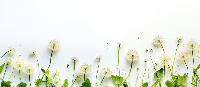 Dandelion flowers on white background in artistic spring layout Copy space image Place for adding text or design