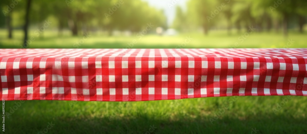 Poster Checkered tablecloth in red on the lawn Copy space image Place for adding text or design