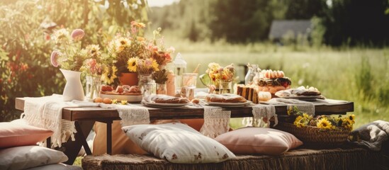 Boho inspired bridal picnic table Copy space image Place for adding text or design