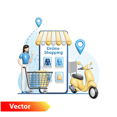 Vector, tiny woman with cart in a 3D smartphone placed an order in an online store for purchases with delivery by moped, scooter to the specified address. Successful operation, transaction, shopping. - obrazy, fototapety, plakaty