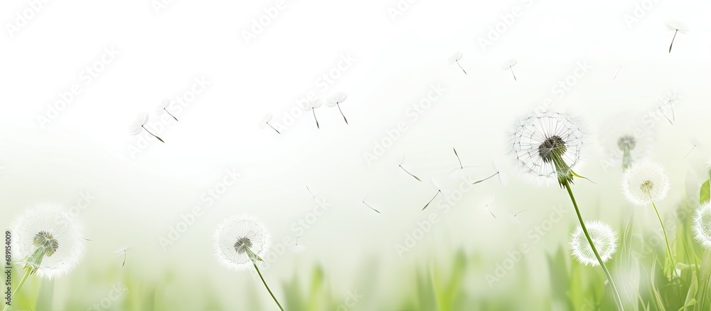 Poster Dandelion flowers on white background in artistic spring layout Copy space image Place for adding text or design